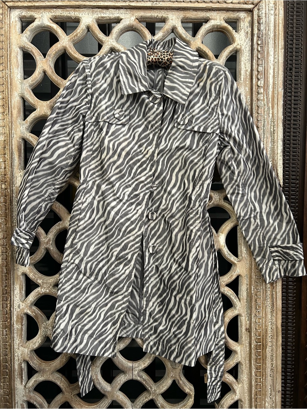 Chico's Gray and White Zebra-Print Trench Coat